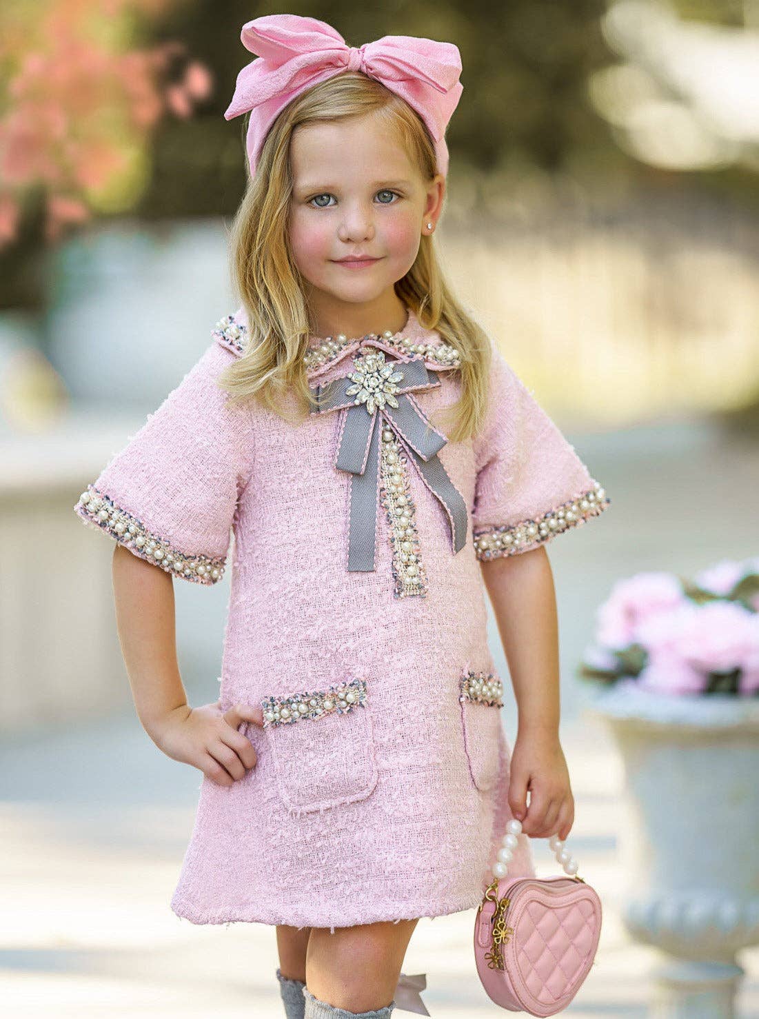 Mia Belle Girls Pink and Pearl Bow Tweed Dress HONEYPIEKIDS