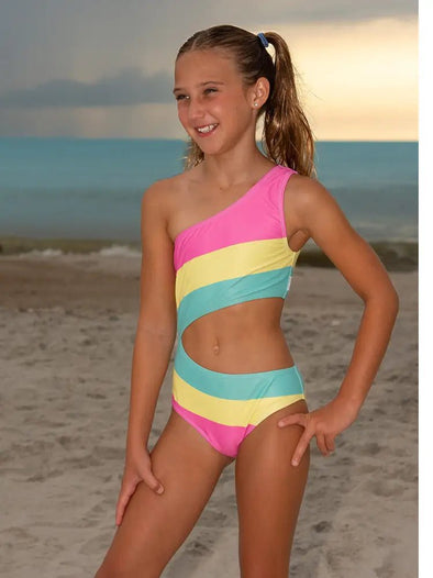 LimeApple Rainbow One Shoulder Girls Swimsuit | HONEYPIEKIDS | Kids Swimwear