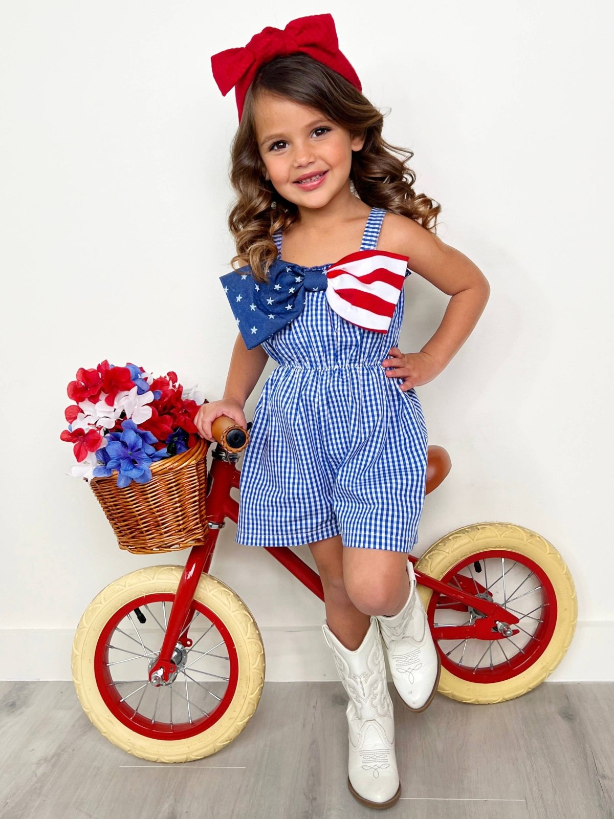 Blue Belle Americana Bow Gingham Girls Romper | HONEYPIEKIDS