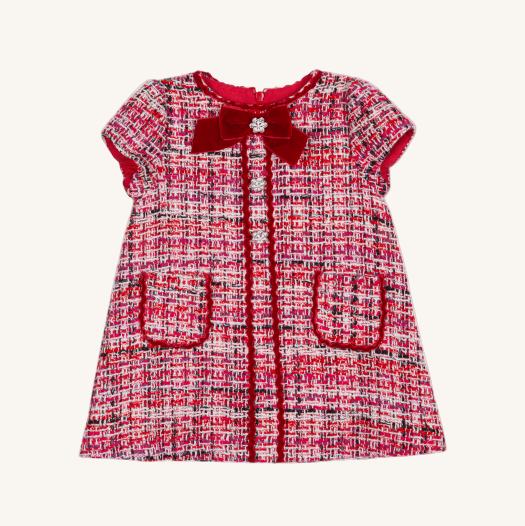 strapless open back dress Patachou Baby Red Tweed and Velvet Bow Dress