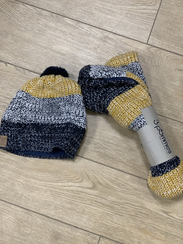 3Pommes Navy and Yellow Knit Scarf And Pom Hat Set | HONEYPIEKIDS | Kids Boutique Clothing