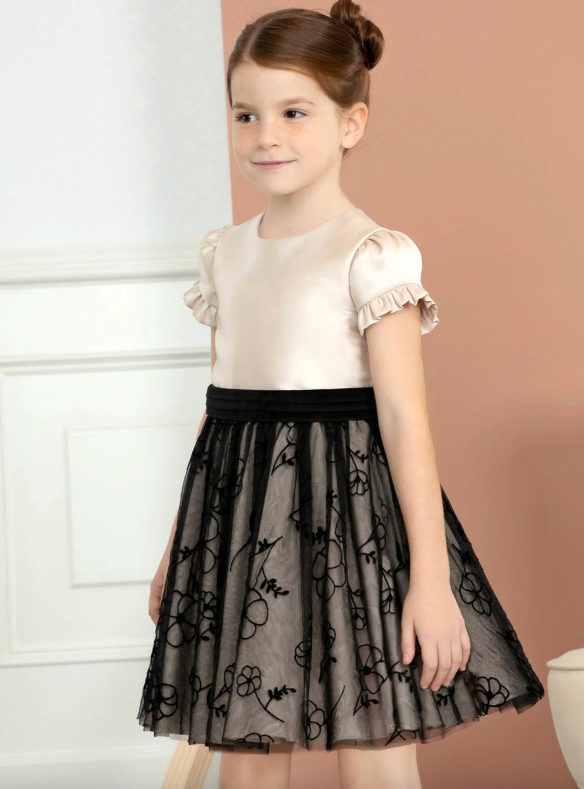 Abel and Lula Beige & Black Flocked Girls Tulle Dress | HONEYPIEKIDS 6 Abel and Lula Beige & Black Flocked Girls Tulle Dress | HONEYPIEKIDS 6