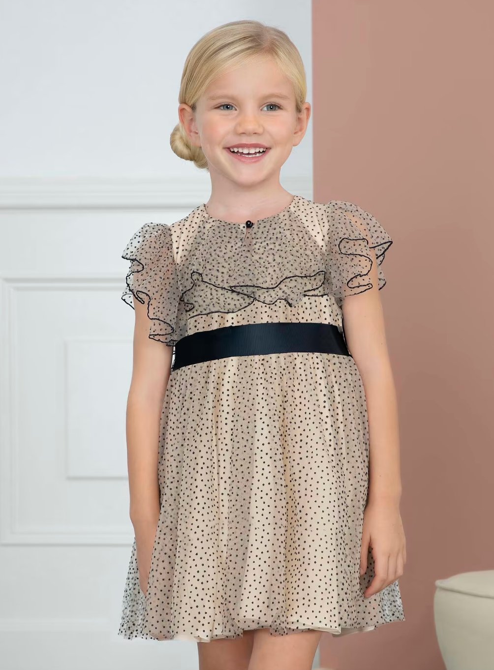 Abel and Lula Girls Sand Polka Dot Tulle Girls Dress