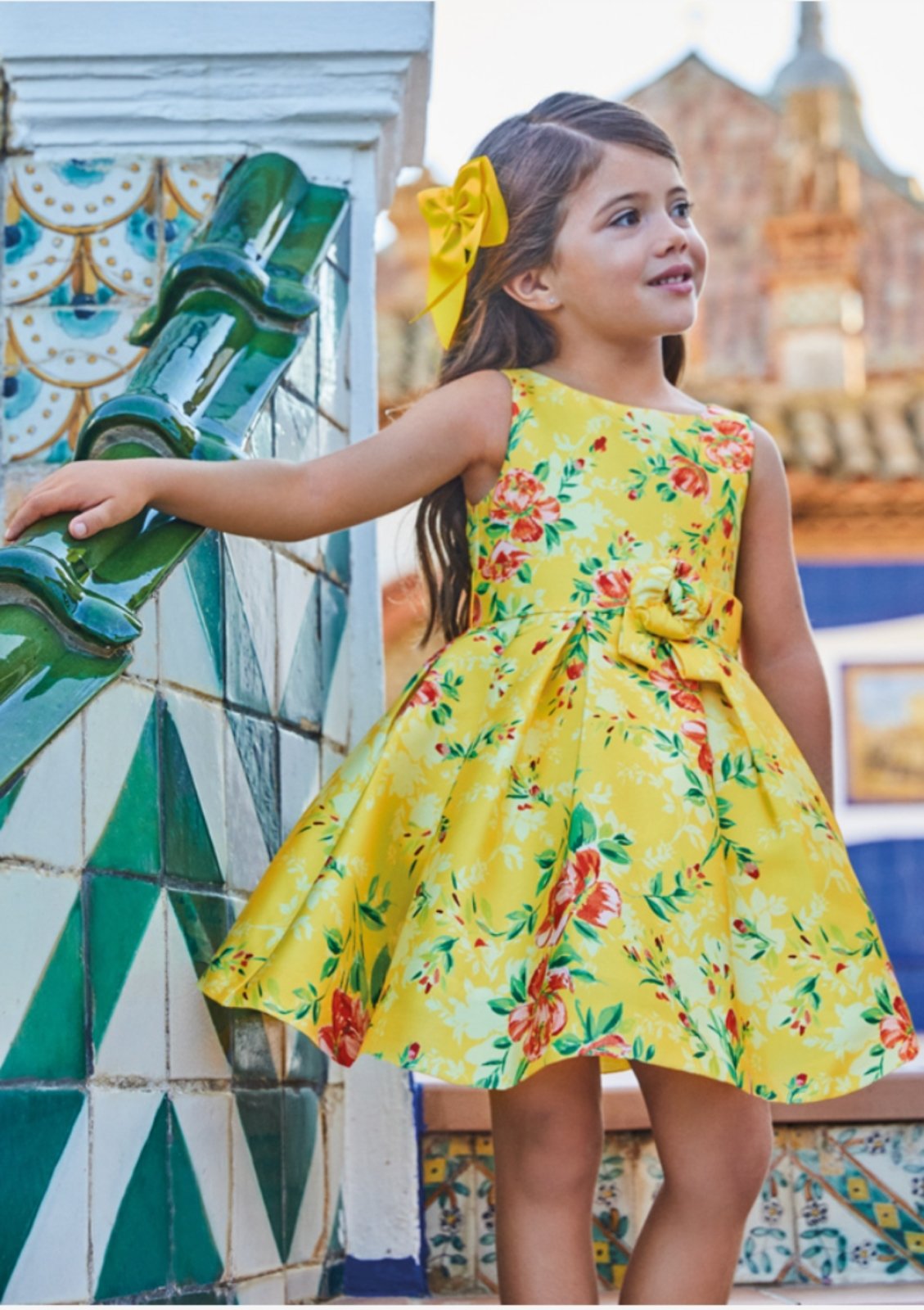 Abel and Lula Girls Yellow Floral Mikado Dress Abel and Lula Girls Yellow Floral Mikado Dress