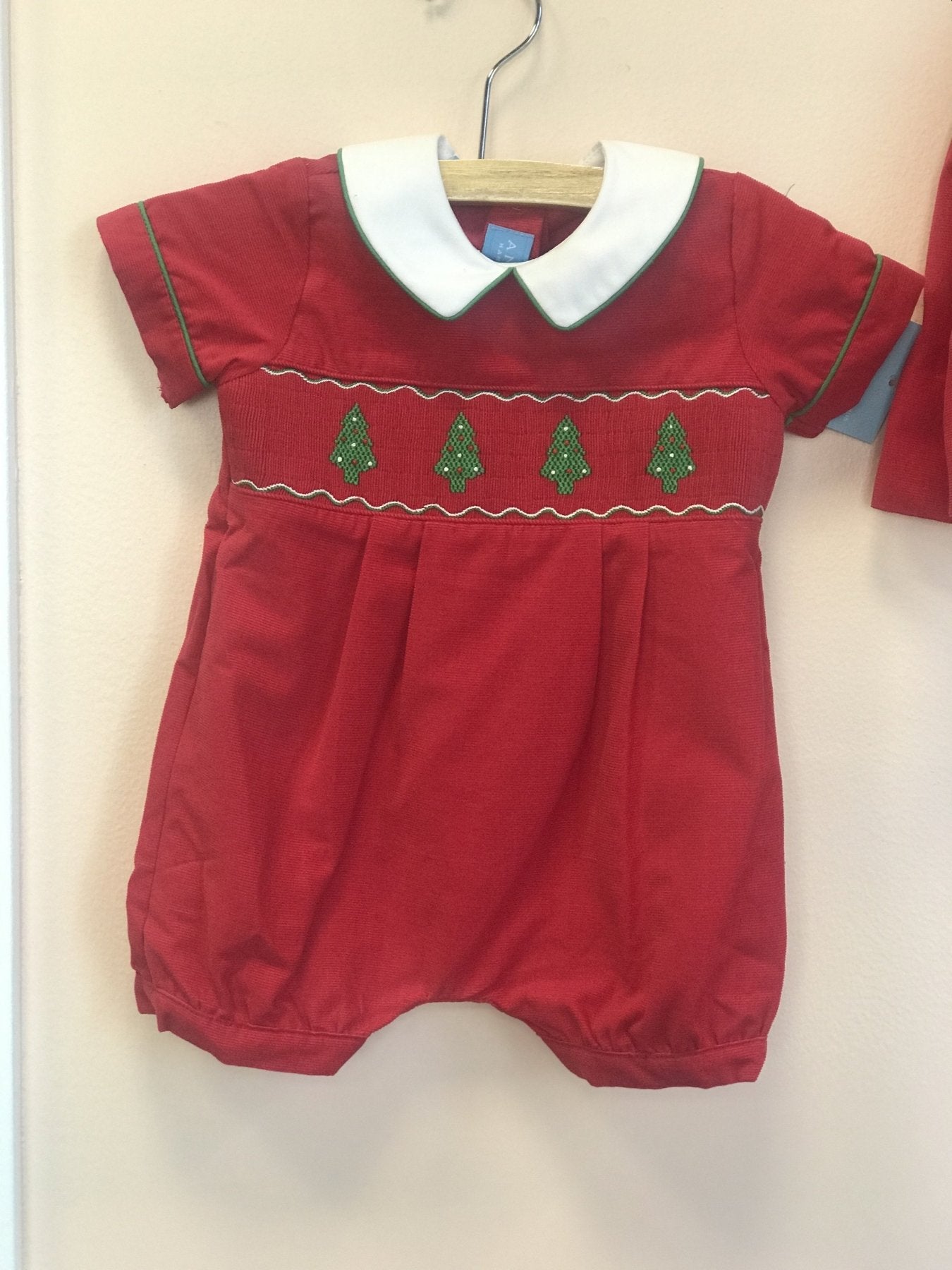 Anavini Boys Red Christmas Tree Bubble Corduroy Romper