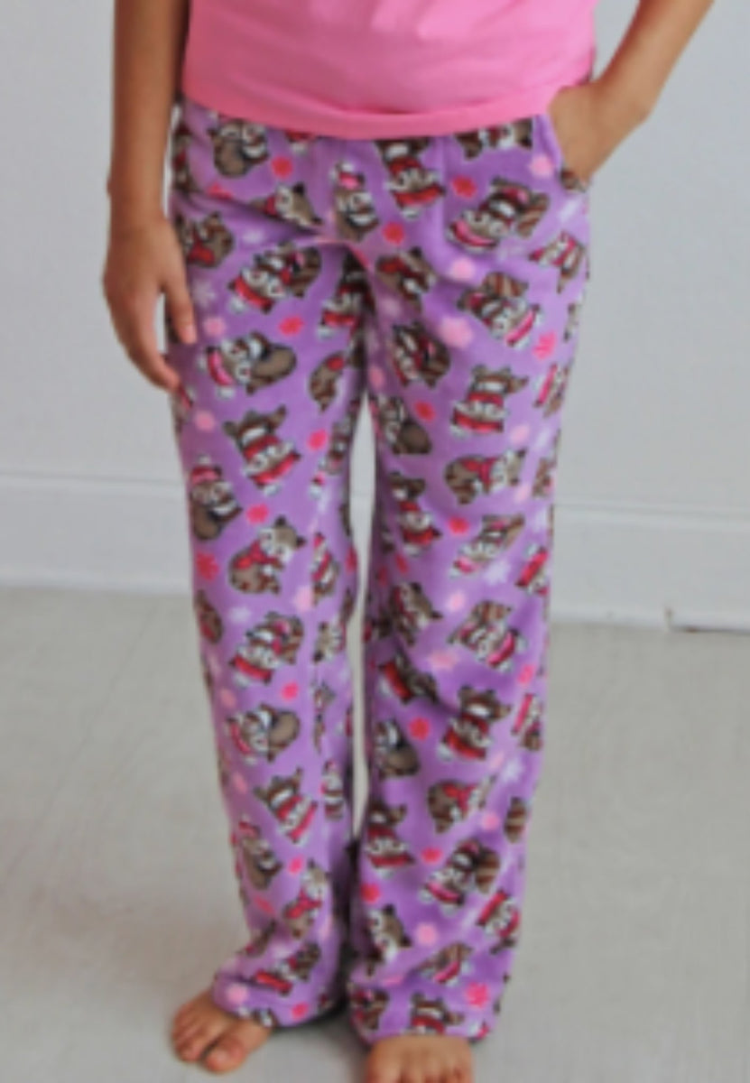 Candy Pink Girls Fleece RACOON & SMORES Pattern Pajama Pants
