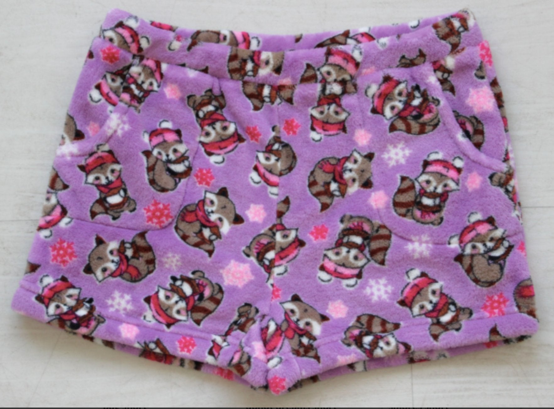 Candy Pink Girls Fleece Pajama Shorts in Raccoon Smores Pattern