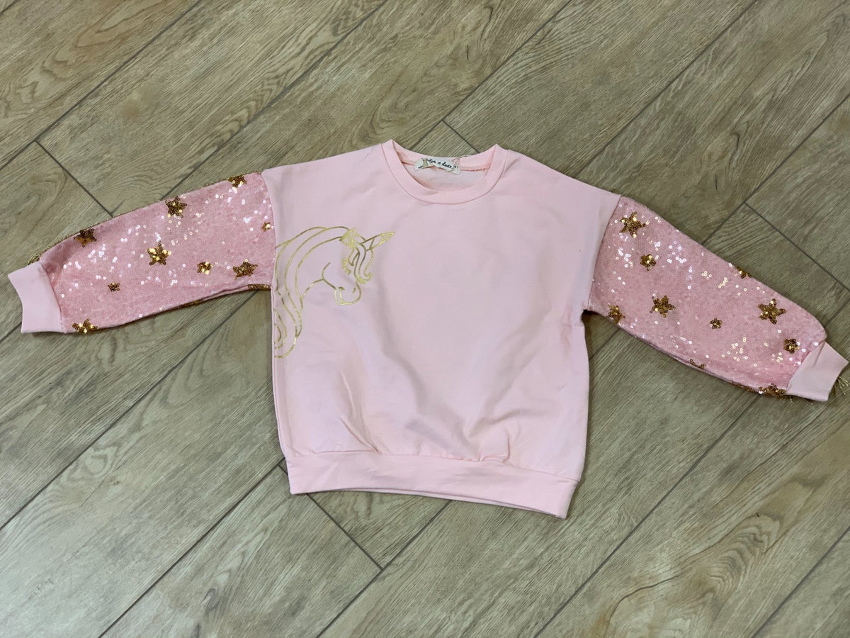 Doe a Dear Girls Pink Unicorn Sweatshirt With Sequin & Fringe Sleeves |  HONEYPIEKIDS
