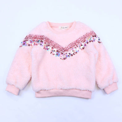 Doe a Dear Little Girls Pink Sequin Fuzzy Sweatshirt | HONEYPIEKIDS | Kids Boutique Clothing