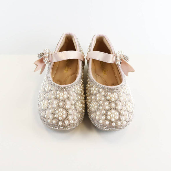 HONEYPIEKIDS | Doe A Dear PINK & BEIGE Bowtie Strap Jewel Flat Girls Dress Shoes