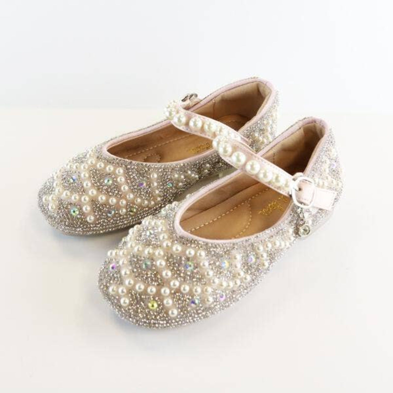 Doe A Dear Pink Pearl Strap Jewel Flat Girls Dress Shoes