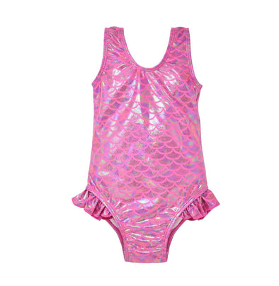 Flap Happy Kids UPF50+ Delaney Shiny Pink Scales Ruffle Swimsuit | HONEYPIEKIDS