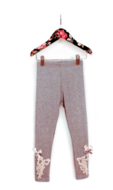 MaeLi Rose Bow Crochet Leggings in Gray | HONEYPIEKIDS | Kids Boutique Clothing
