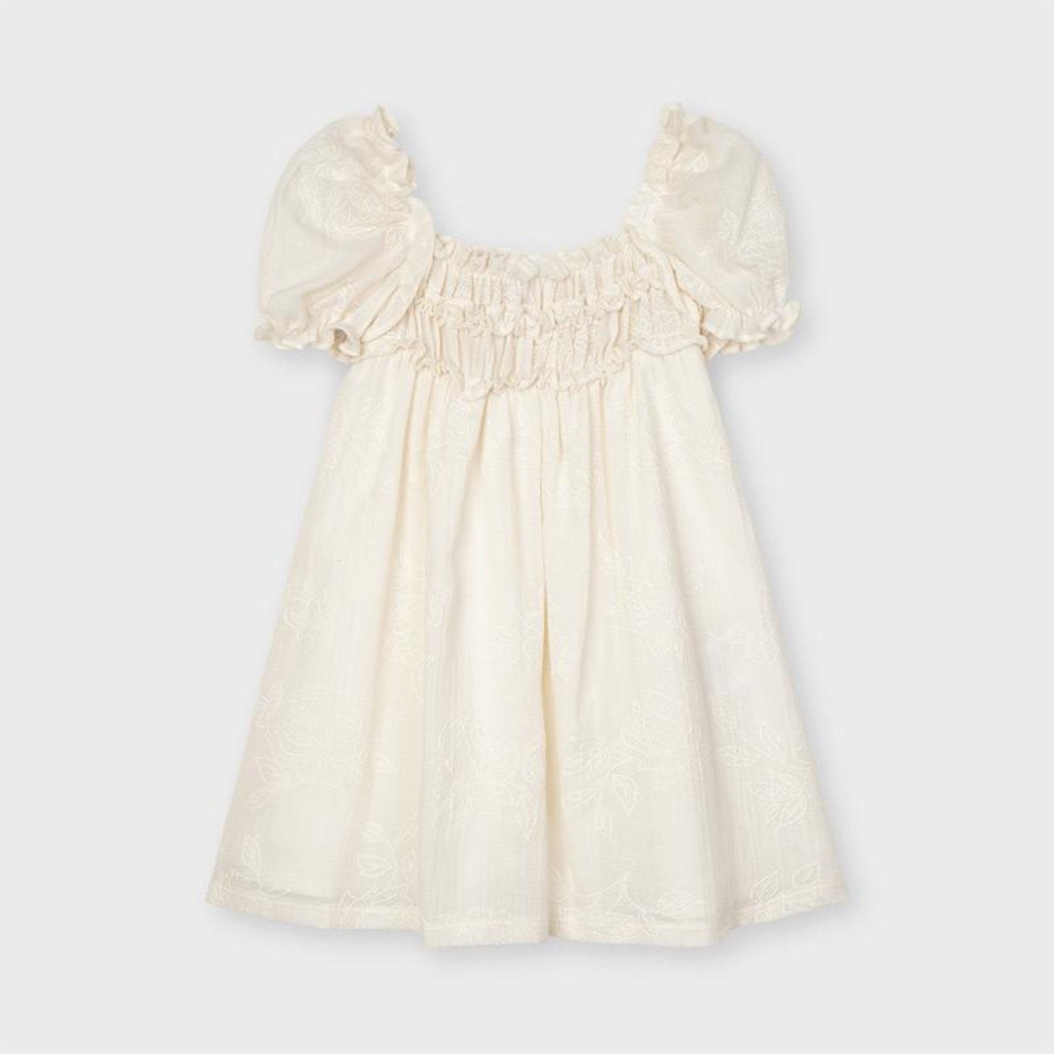 Mayoral Girls Cream Flower Embroidered Puffed Sleeved Dress