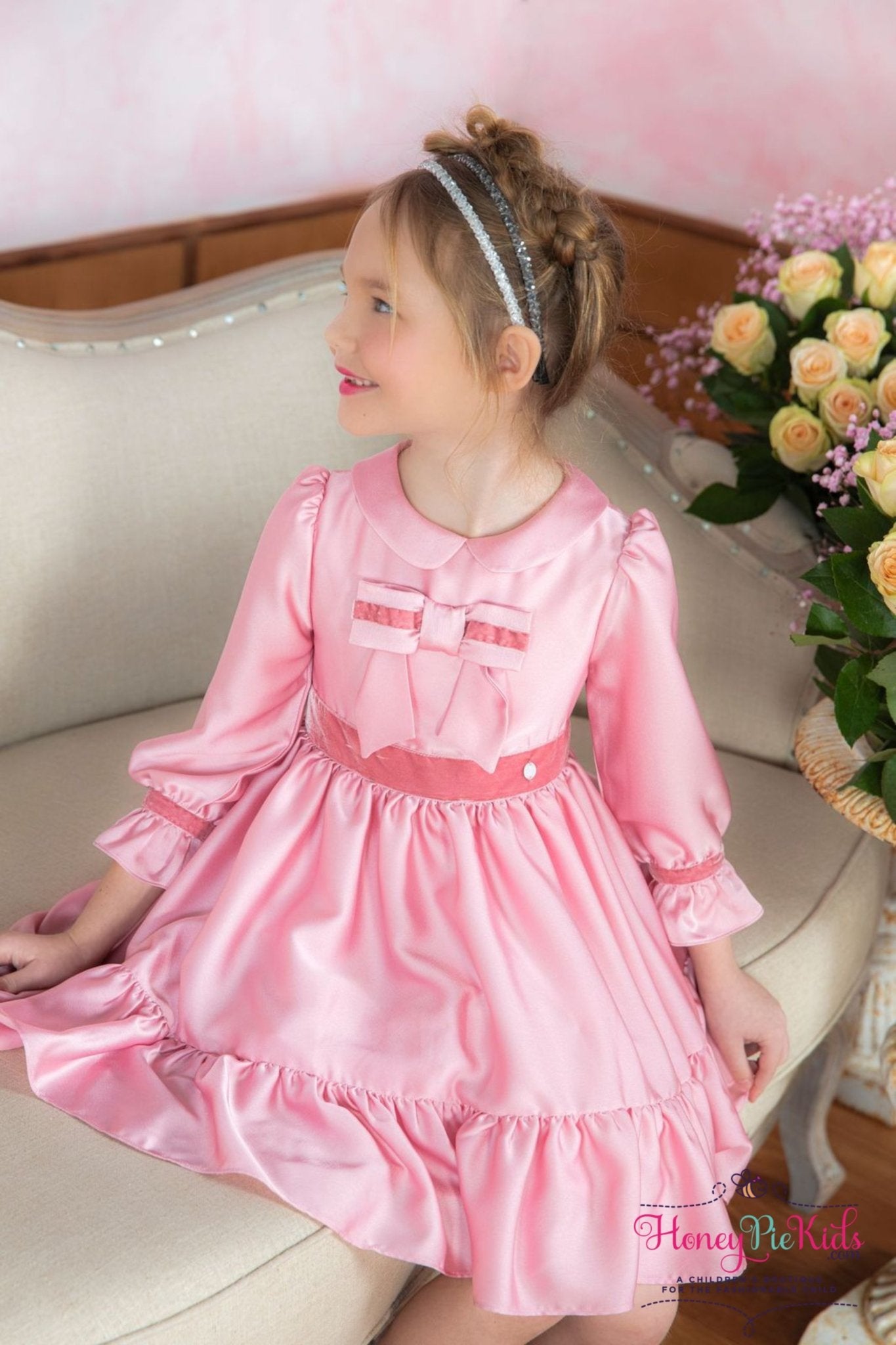 Patachou Girls Georgette Pink Satin & Velvet Bow Dress | HONEYPIEKIDS 5 Patachou Girls Georgette Pink Satin & Velvet Bow Dress | HONEYPIEKIDS 5