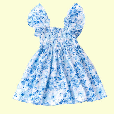 Shade Critters Blue Hibiscus Rose Flutter Sleeve Smocked Dress