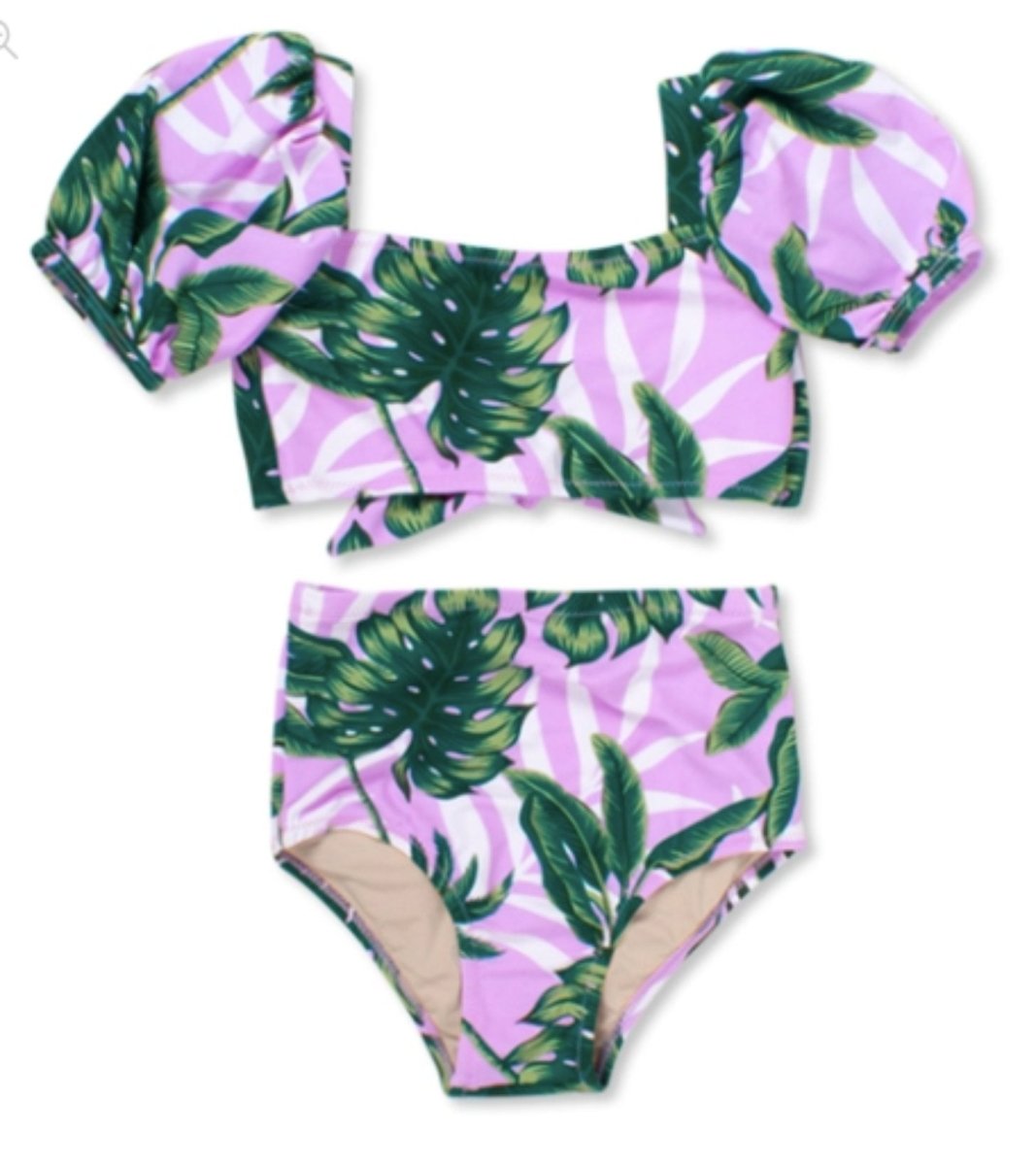 Shade Critters Girls Ribbed Cropped Short Sleeve Two Piece Swimsuit - Surfer Stripes