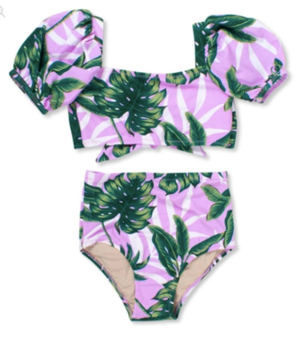 Shade Critters Girls Two Piece High Waist Purple Palm Swimsuit | HONEYPIEKIDS