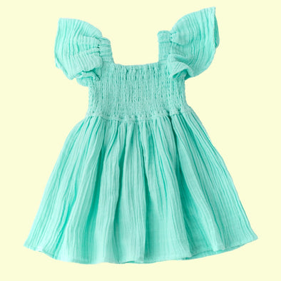 Shade Critters Mint Flutter Sleeve Smocked Gauze Dress | HONEYPIEKIDS