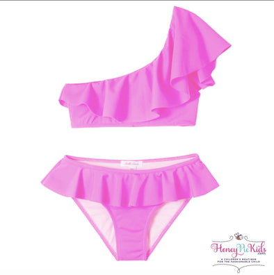 Stella Cove Girls Neon Pink One Shoulder Bikini Swimsuit | HONEYPIEKIDS