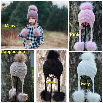 Toddlers to Kids Size Triple Fur Pom Knit Braids Hat-  5 Color Choices | HONEYPIEKIDS | Kids Boutique Clothing