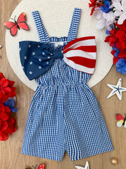 Mia Belle Girls • Wholesale - American Bow Gingham Romper: Blue / 10Y | HONEYPIEKIDS 