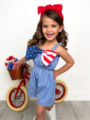 Mia Belle Girls • Wholesale - American Bow Gingham Romper: Blue / 10Y | HONEYPIEKIDS 