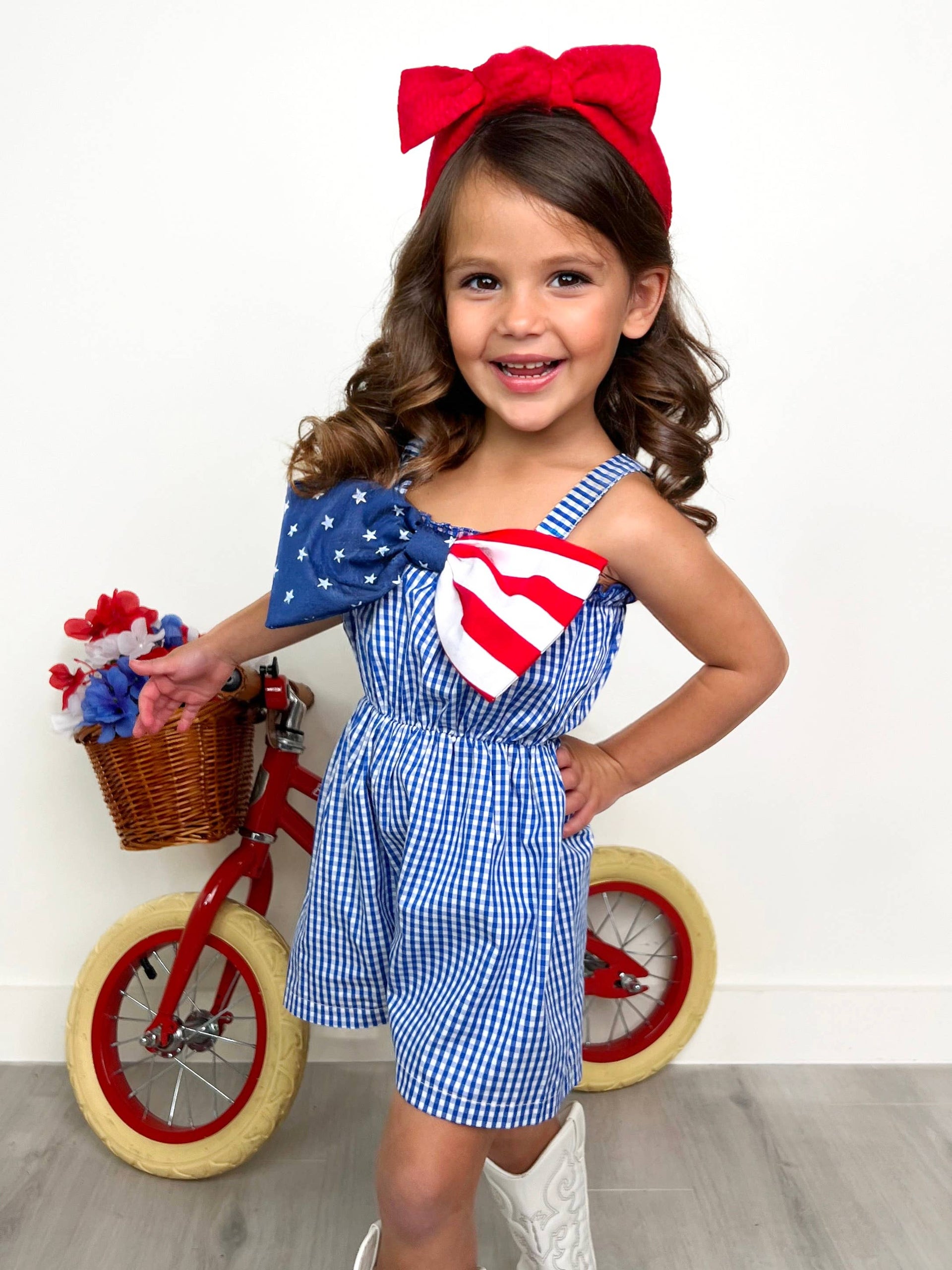 Mia Belle Girls • Wholesale - American Bow Gingham Romper: Blue / 10Y | HONEYPIEKIDS 