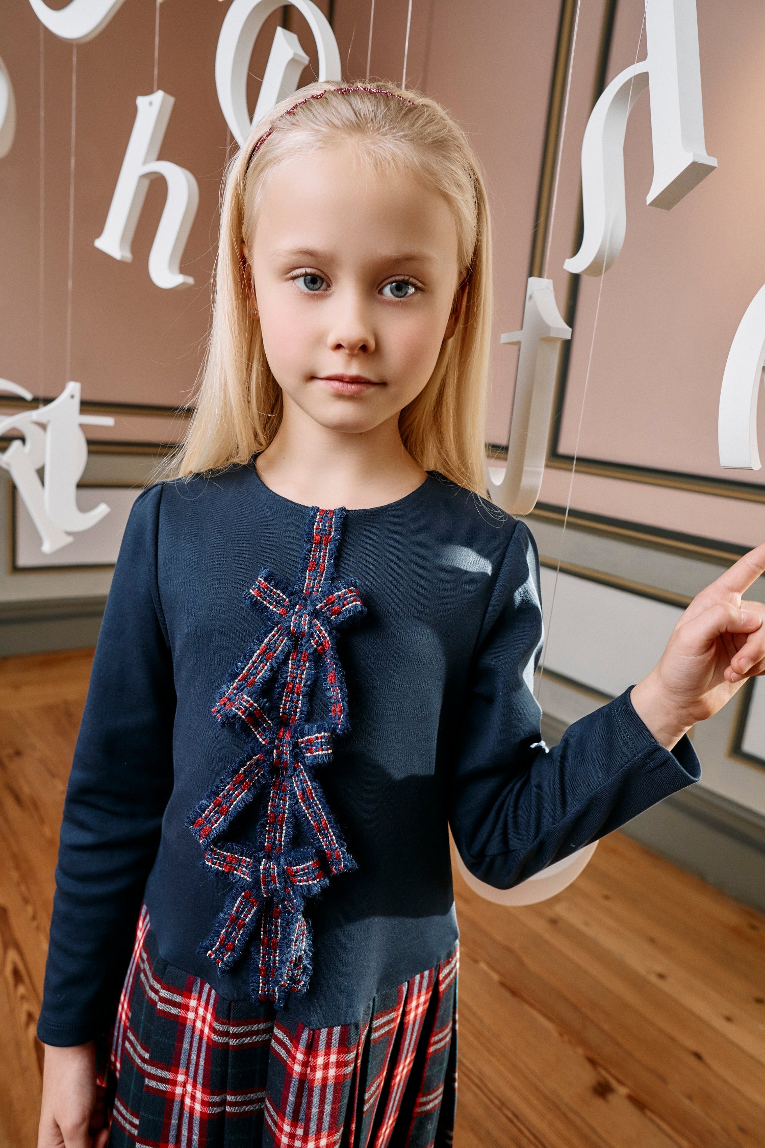 Patachou Girls Navy Blue and Tartan Bow Dress | HONEYPIEKIDS.COM