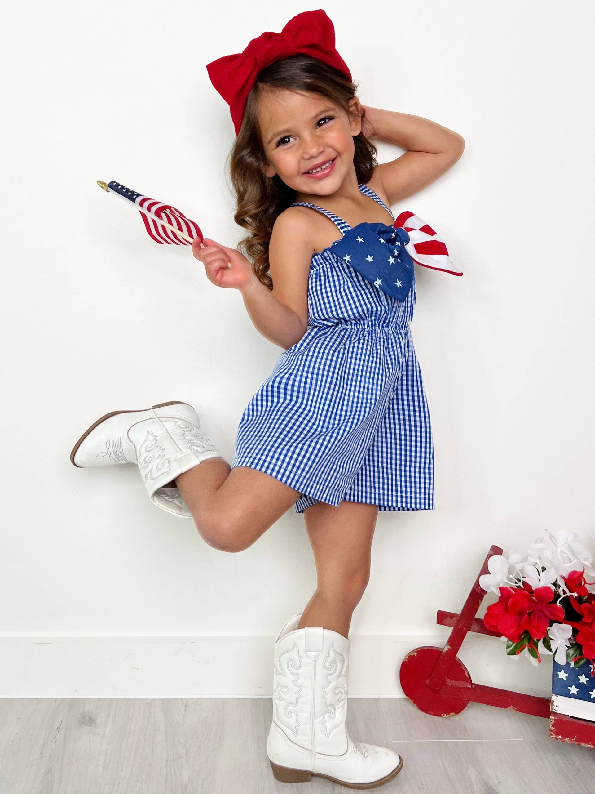 Mia Belle Girls • Wholesale - American Bow Gingham Romper: Blue / 10Y | HONEYPIEKIDS 