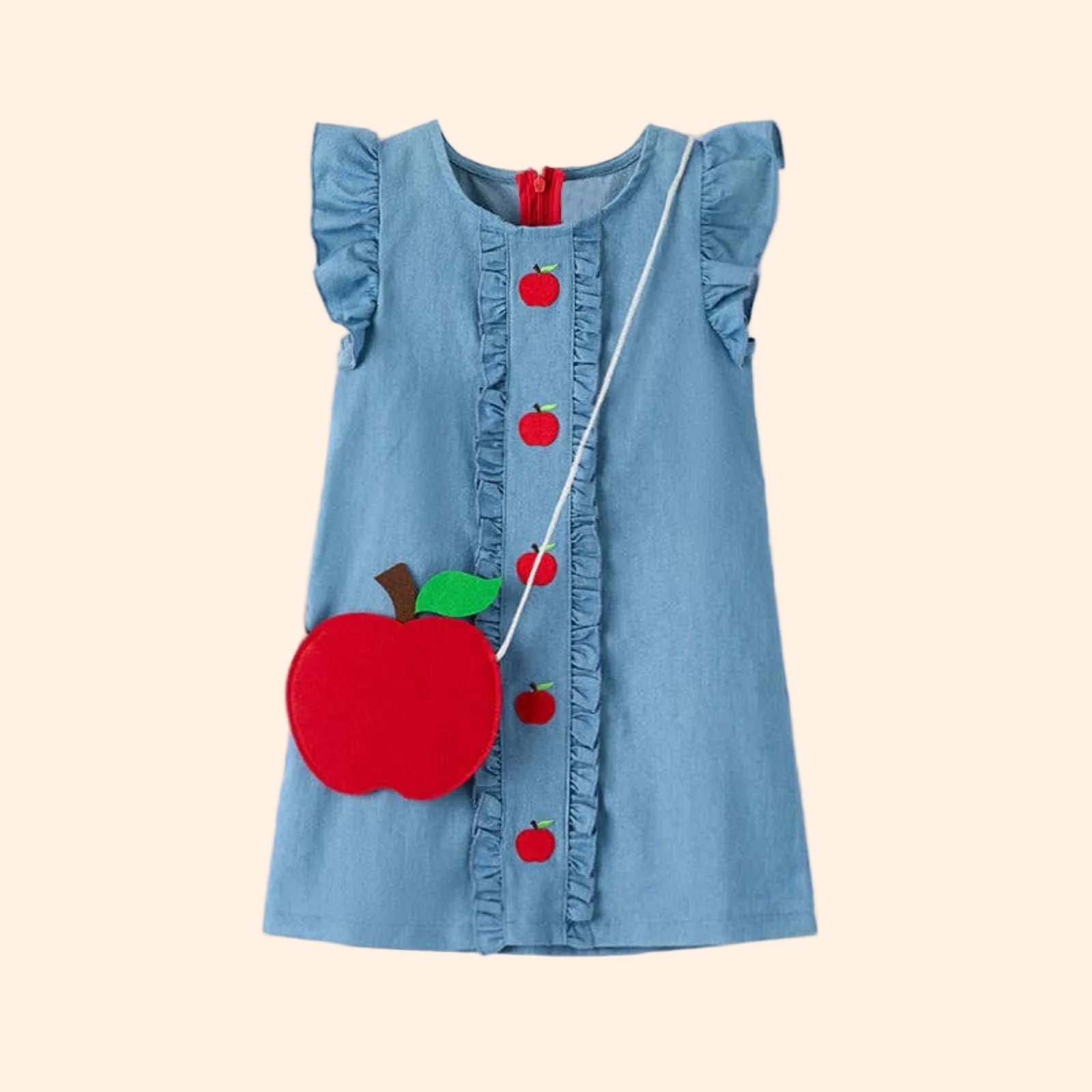 Apple of My Eye Denim Ruffle Dress With Apple Bag | HONEYPIEKIDS