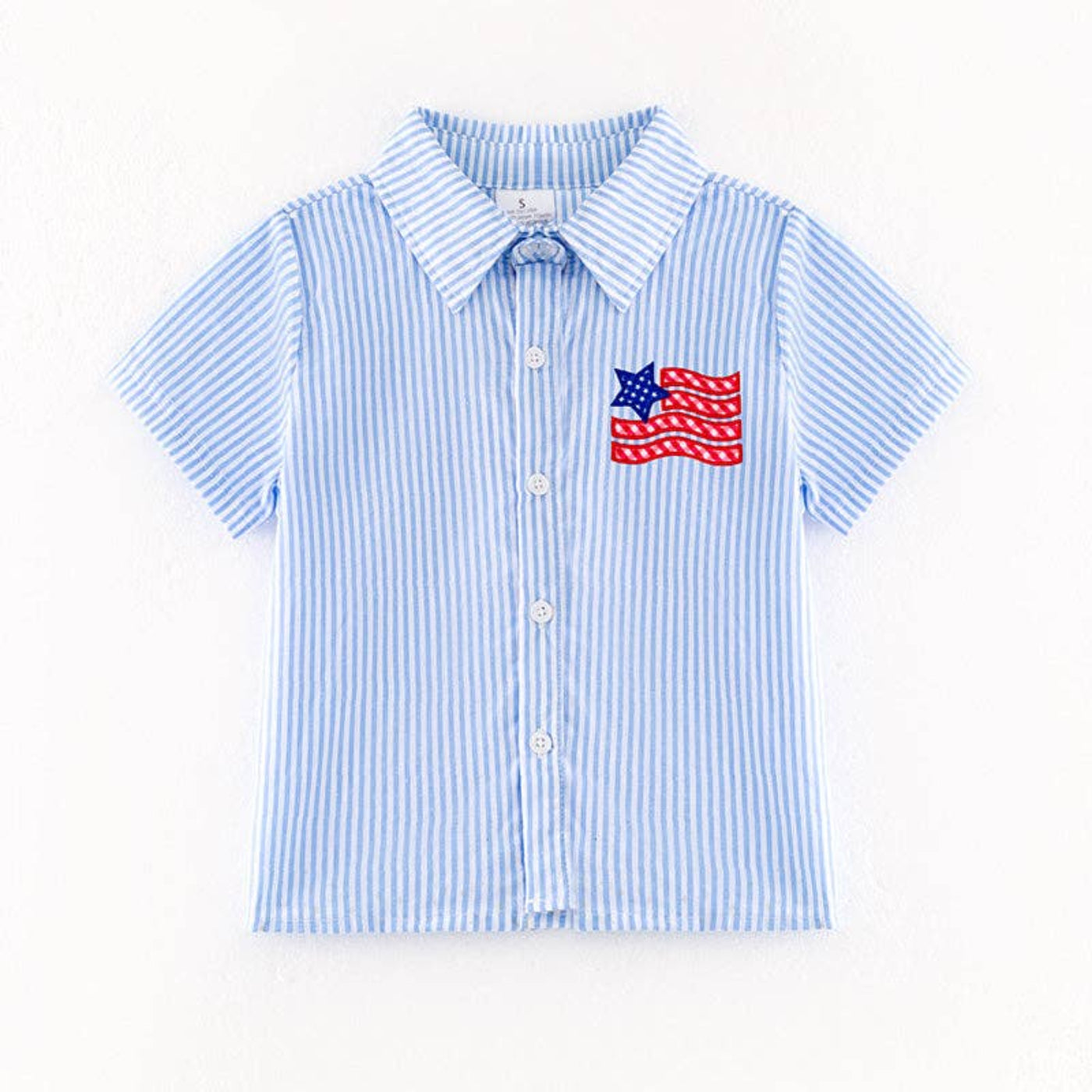 Boys July 4th Blue Stripe American Flag Shirt | HONEYPIEKIDS