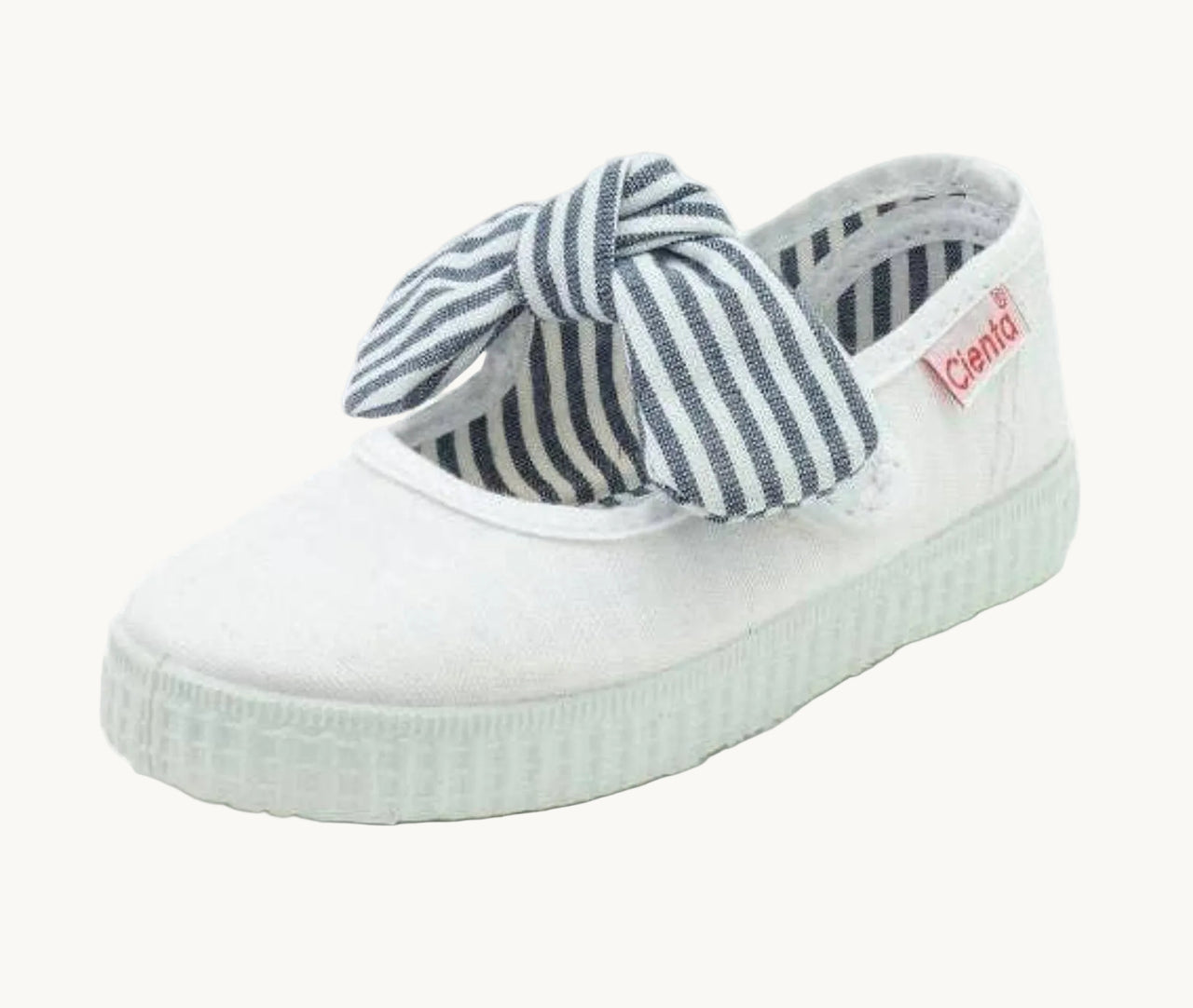 Cienta Girls Shoes - White Mary Jane With Navy Striped Bow | 53002.05 | HONEYPIEKIDS