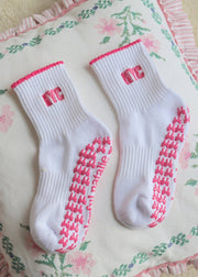 Colorful Natalie - NYC White and Pink Bow Grip Socks | HONEYPIEKIDS