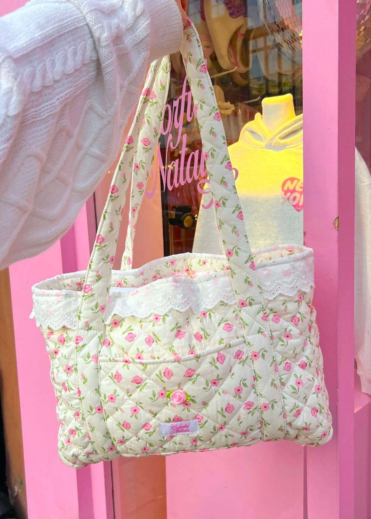 Colorful Natalie Pink Flowers and Hearts Tote Bag | HONEYPIEKIDS.COM