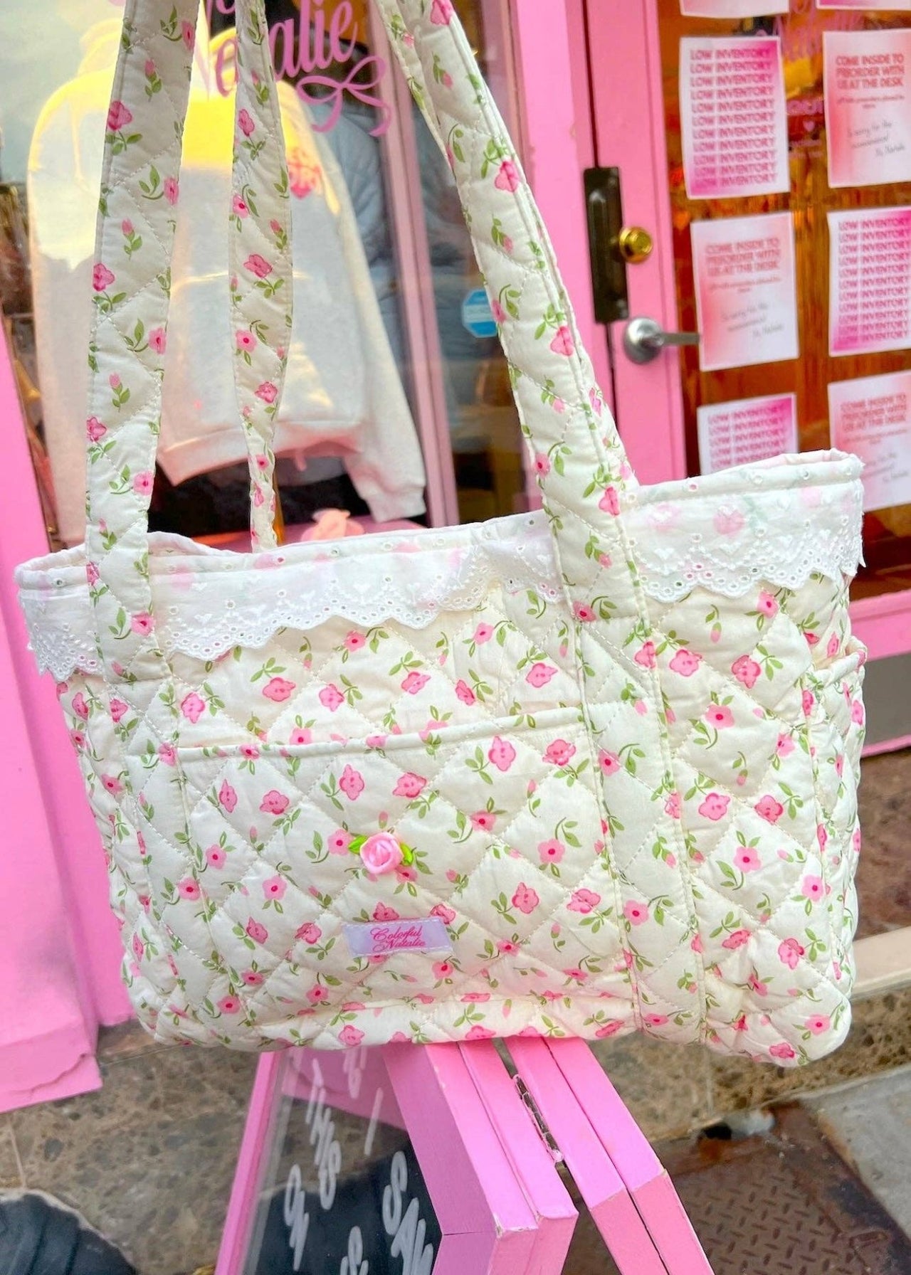 Colorful Natalie Pink Flowers and Hearts Tote Bag | HONEYPIEKIDS.COM