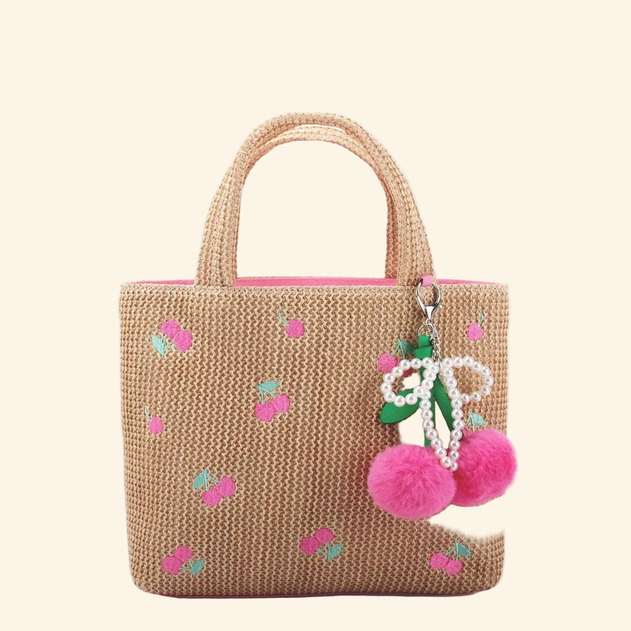 OMG Cherry Patched Straw Mini Tote Bag with Charm | HONEYPIEKIDS