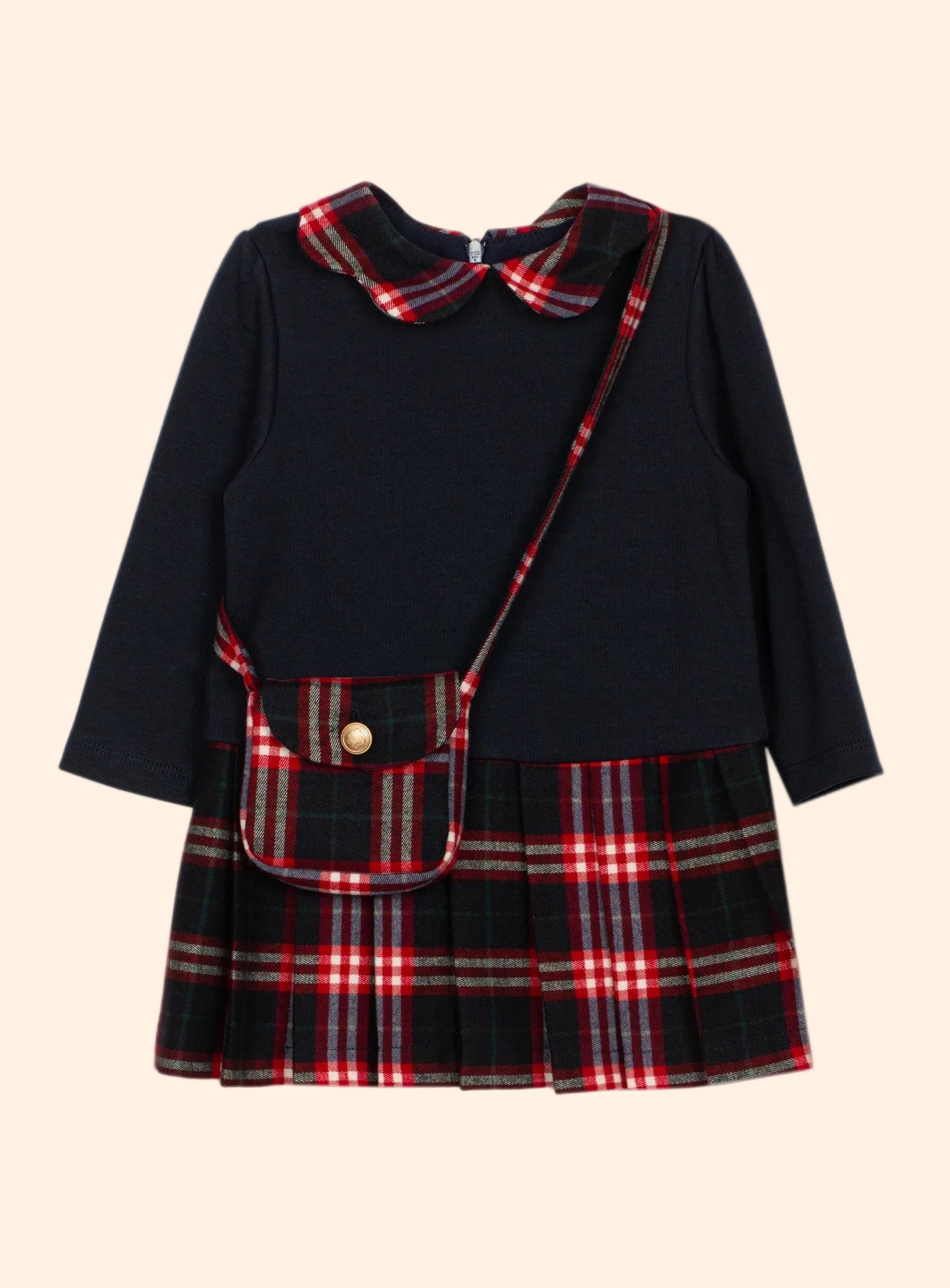 Patachou Girls Navy Blue Knit Dress w/ Small Tartan Bag | HONEYPIEKIDS 