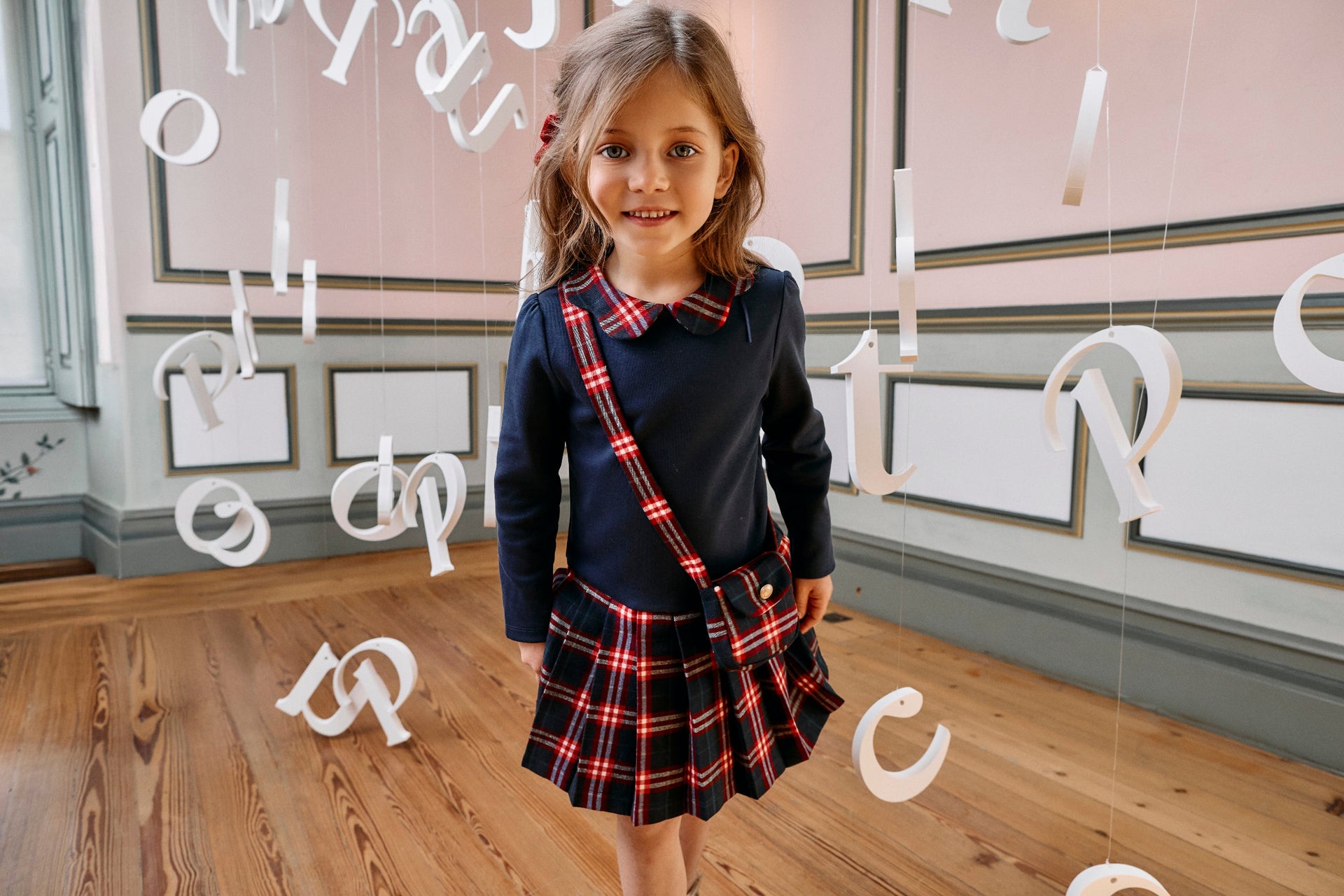 Patachou Girls Navy Blue Knit Dress w/ Small Tartan Bag | HONEYPIEKIDS 
