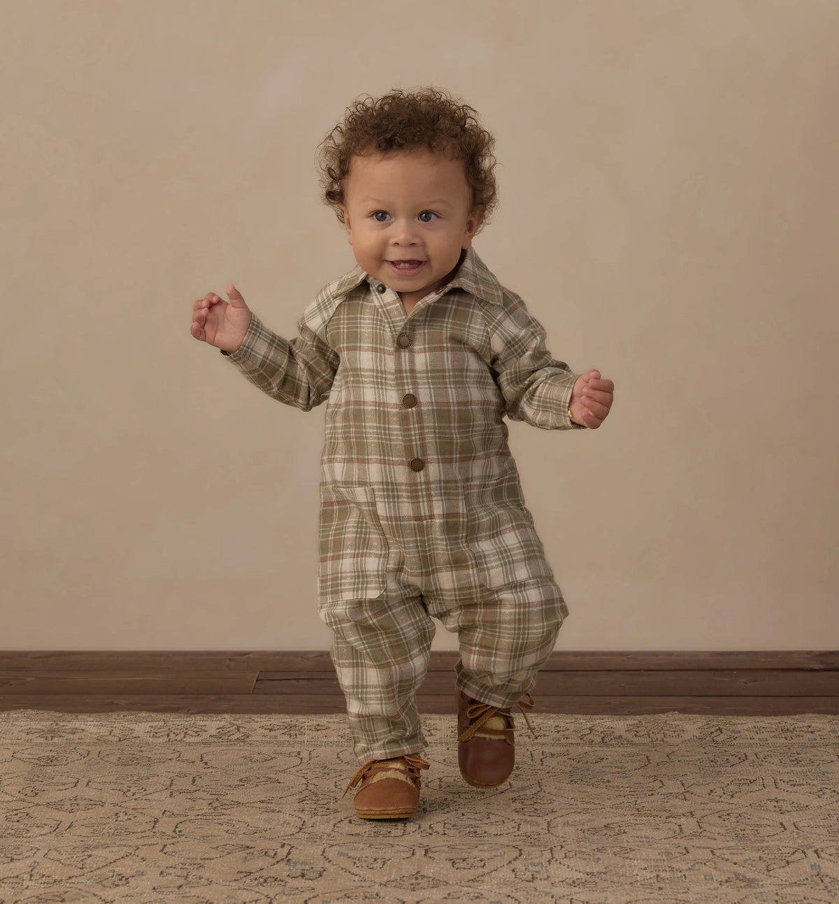 Rylee + Cru Collared Baby Jumpsuit - Olive Dobby Plaid | HONEYPIEKIDS