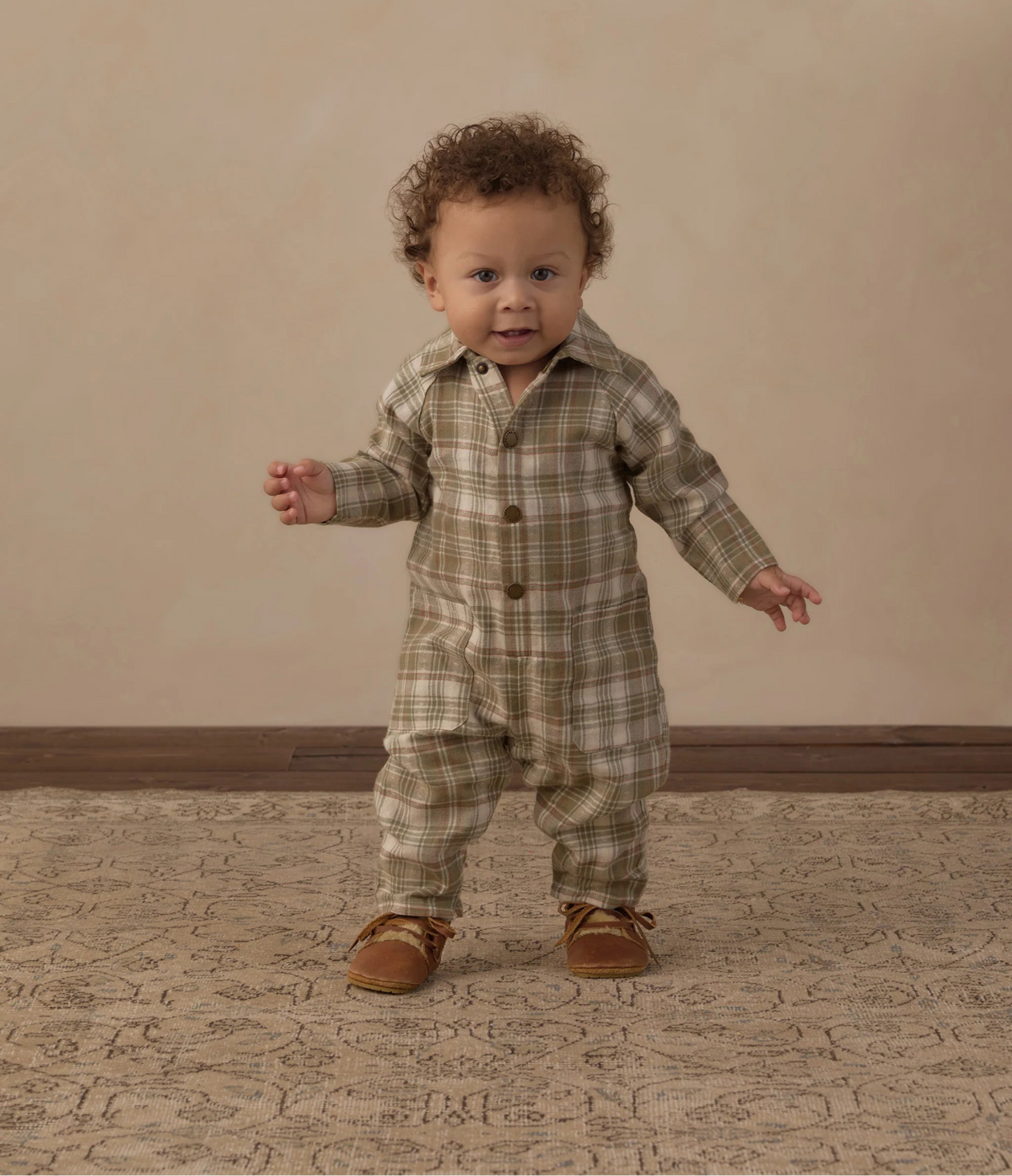 Rylee + Cru Collared Baby Jumpsuit - Olive Dobby Plaid | HONEYPIEKIDS