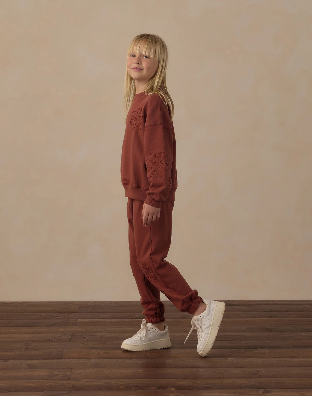 Rylee + Cru Flower Embroidered Sweatpants - Brick | HONEYPIEKIDS