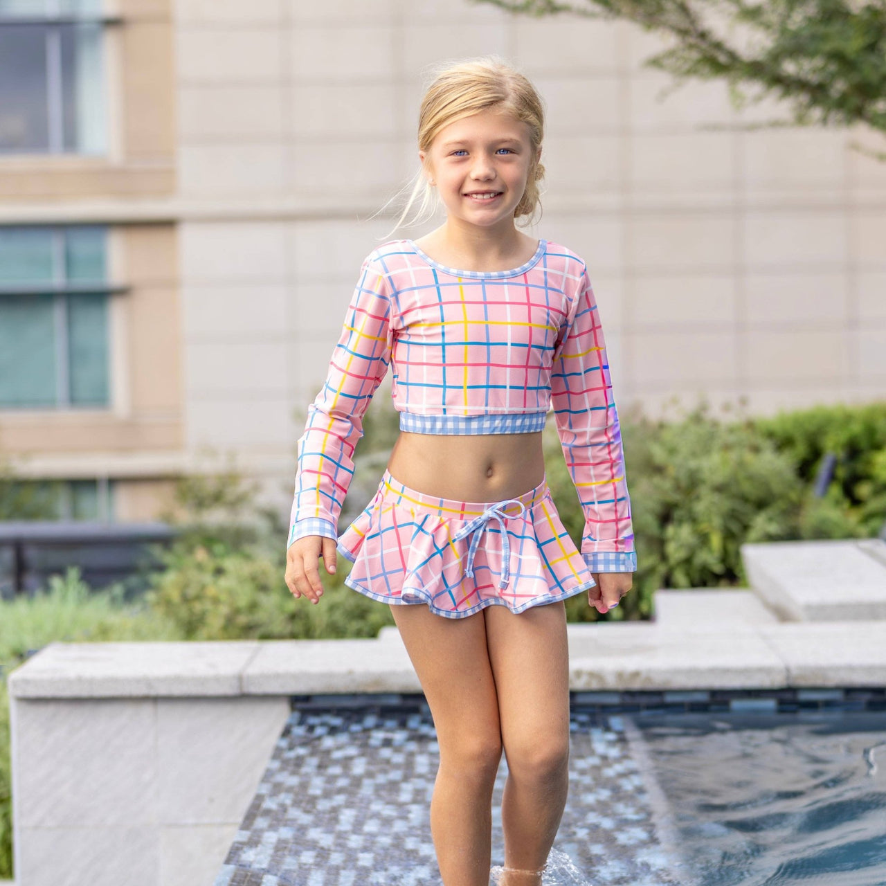 Sugar Bee Two Piece Long Sleeve Bikini Swimsuit - Dreamscape Plaid | HONEYPIEKIDS