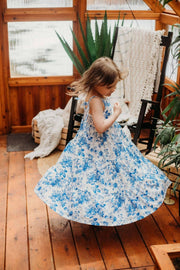 Summer Blue Floral Milk Silk Girls Dress | HONEYPIEKIDS
