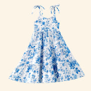 Summer Blue Floral Milk Silk Girls Dress | HONEYPIEKIDS