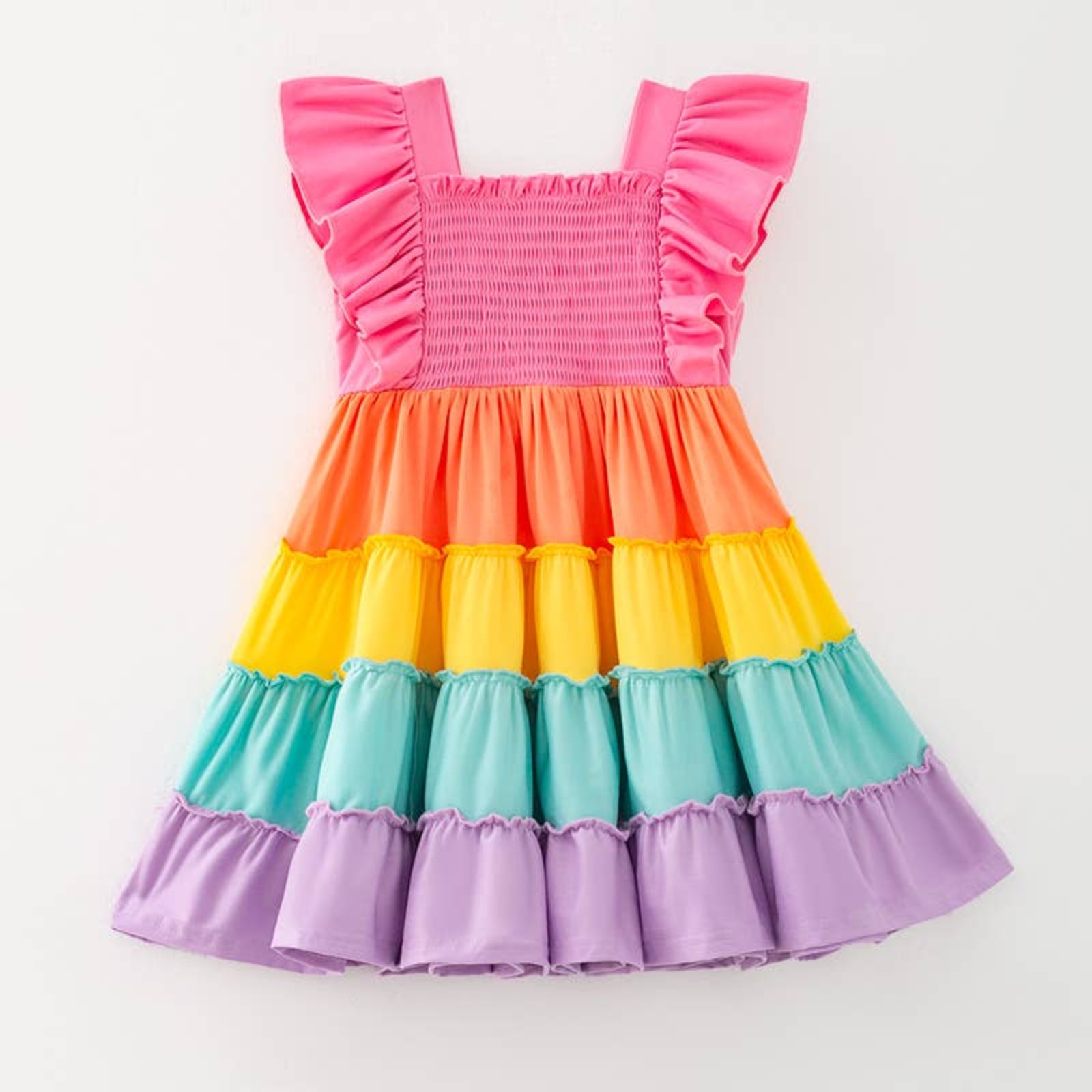 Summer Rainbow Striped Smocking Ruffled Little Girls Dress | HONEYPIEKIDS