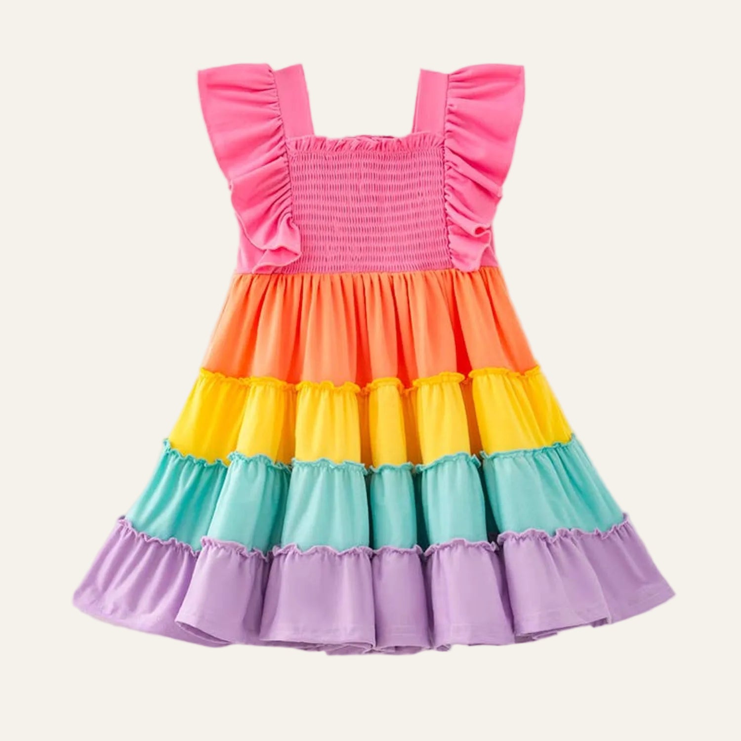 Summer Rainbow Striped Smocking Ruffled Little Girls Dress | HONEYPIEKIDS
