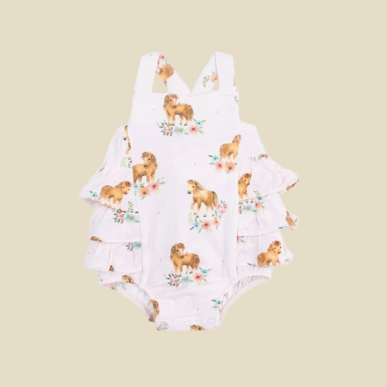 Angel Dear Baby Girls Ruffle Sunsuit - Pink Ponies | HONEYPIEKIDS