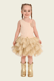 Angel's Face Gold One Shoulder Top and Gold Adva Skirt Set | HONEYPIEKIDS.COM