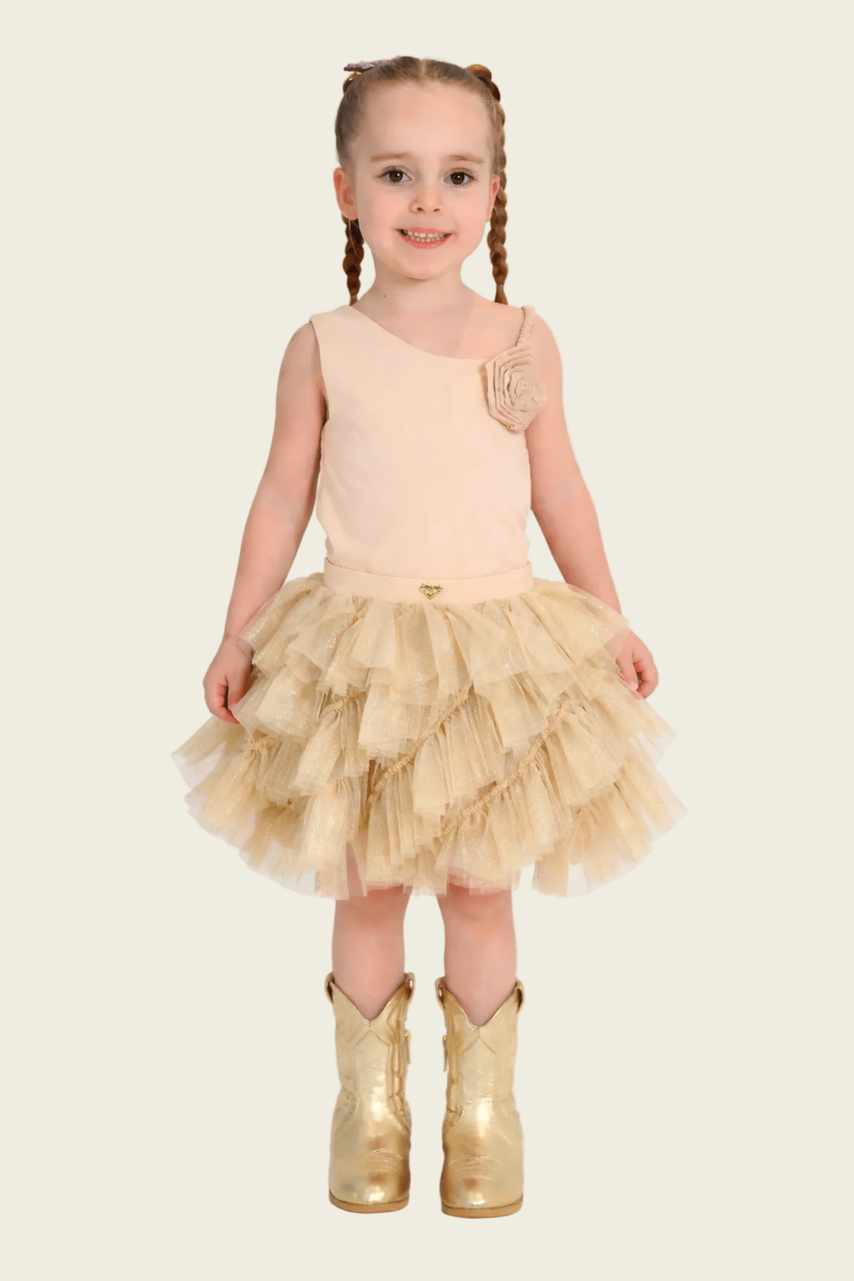 Angel's Face Gold One Shoulder Top and Gold Adva Skirt Set | HONEYPIEKIDS.COM